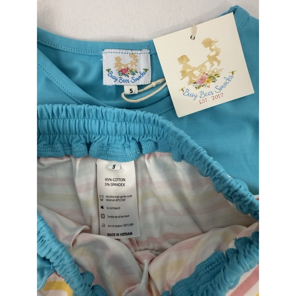 NWT Busy Bees Smocks Aqua Blue Striped Short Set Girls Size 5 - Picture 3 of 6